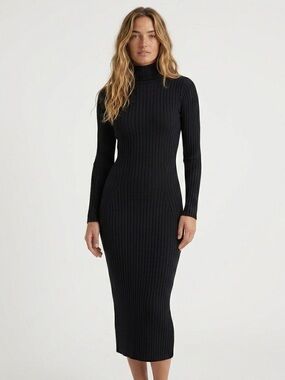Olive & Oak Minimalist Black Long Ribbed Knit Bodycon Dress Medium Rayon Blend